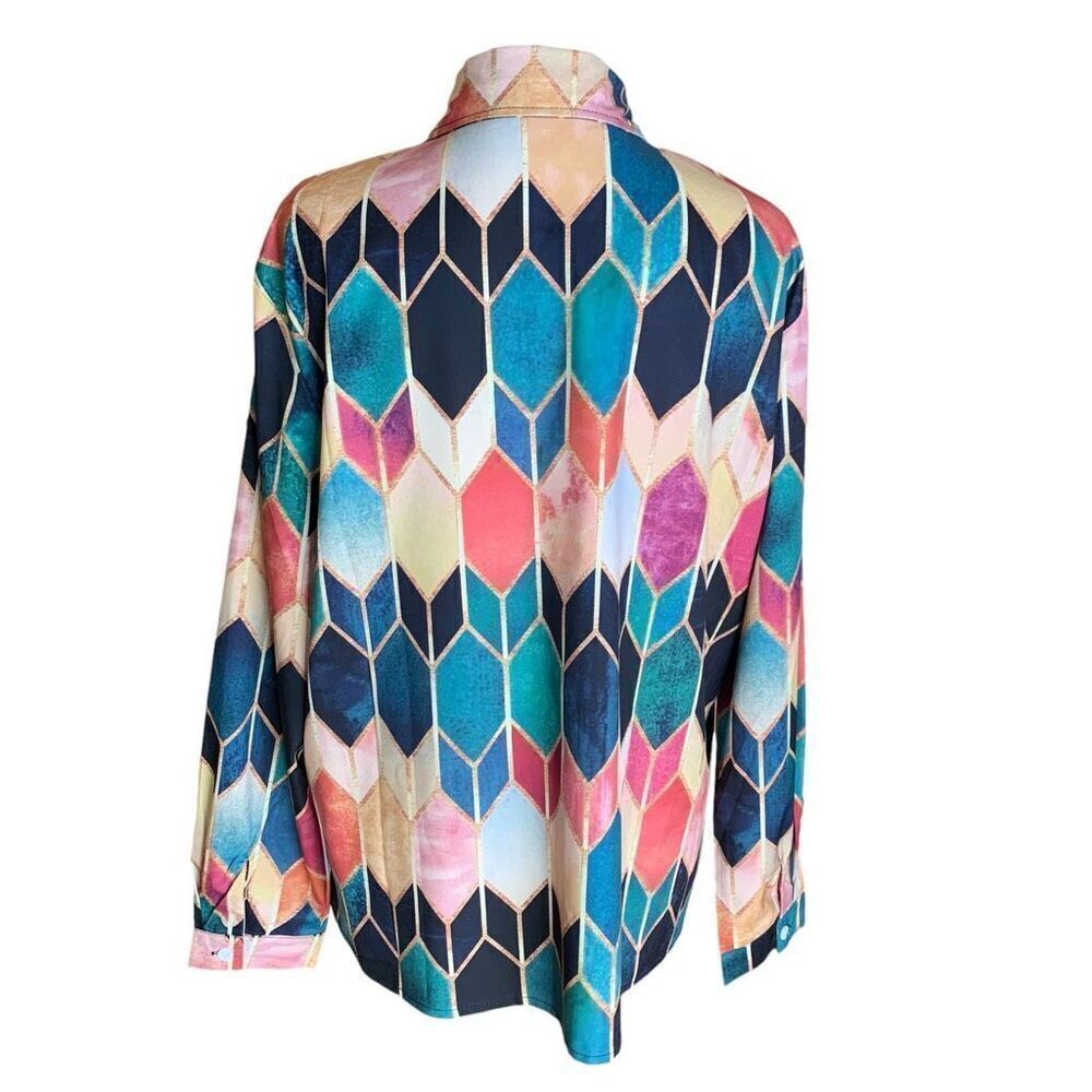 Geometric Pattern Multicolored Button-Up Blouse N… - image 3